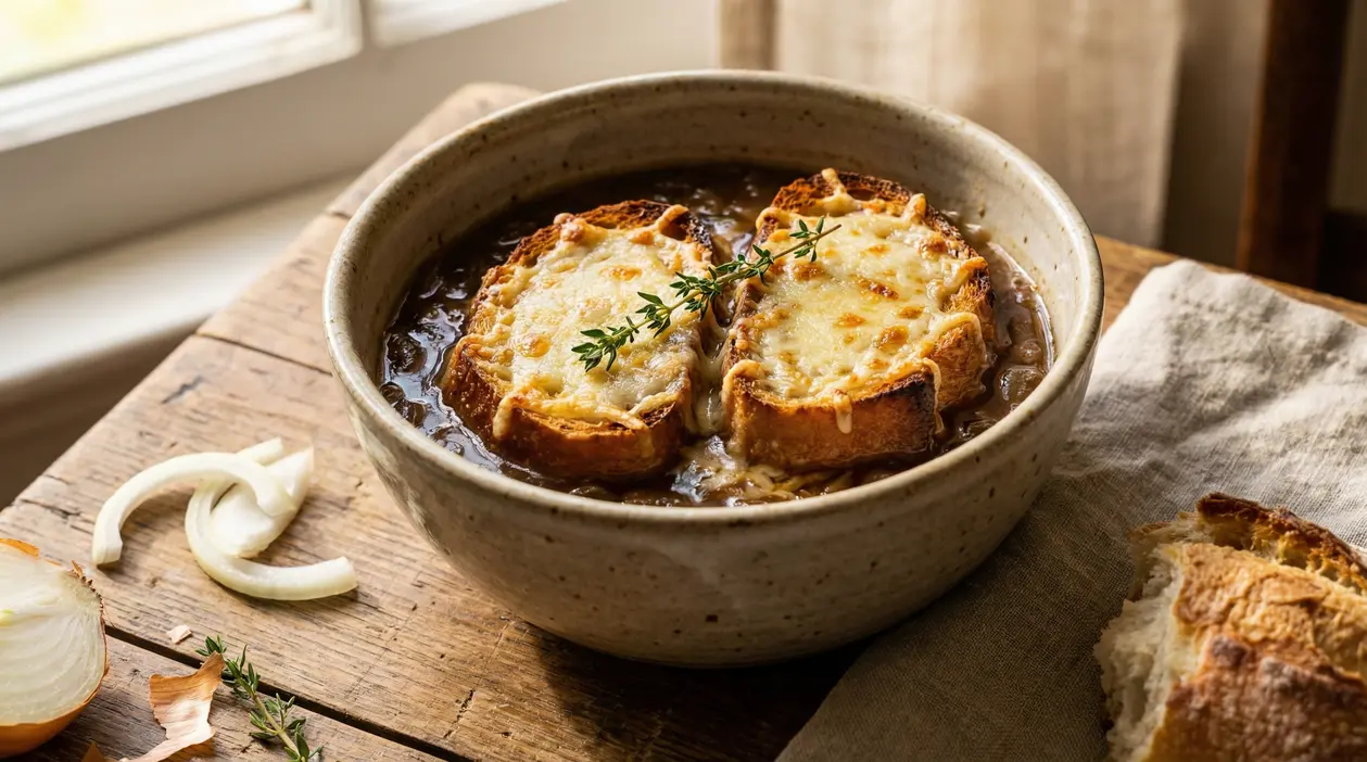 Zuppa di cipolle alla francese in ciotola con crostini gratinati al formaggio e timo su tavolo rustico