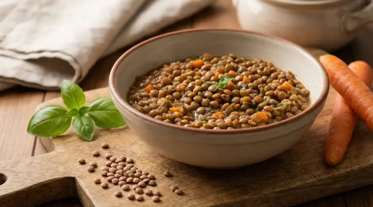Zuppa di lenticchie in ciotola di ceramica su tagliere di legno con carote e basilico