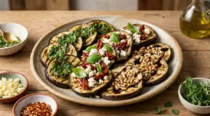 Piatto di melanzane grigliate condite con erbe, feta e pomodori secchi, pinoli e glassa di aceto balsamico
