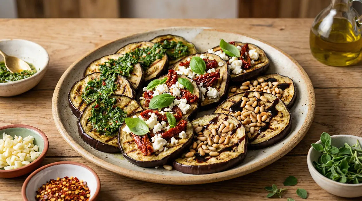 Piatto di melanzane grigliate condite con erbe, feta e pomodori secchi, pinoli e glassa di aceto balsamico
