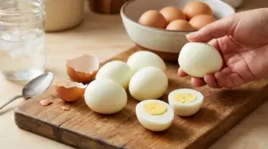 Mano che tiene un uovo sodo sgusciato su tagliere, con gusci e uova sode pronte in cucina