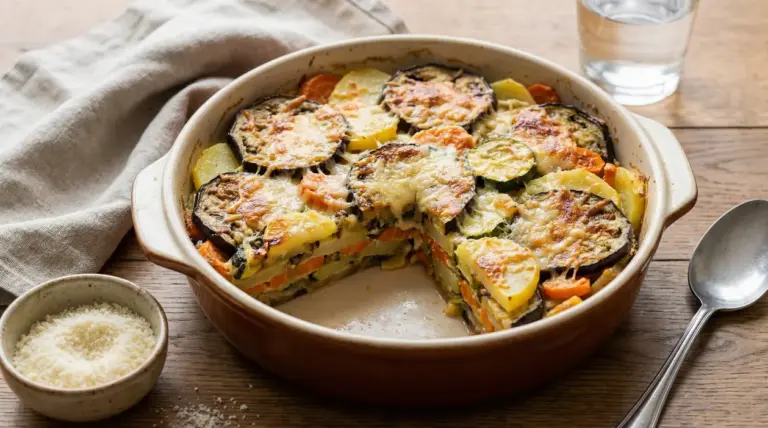 Sformato di verdure al forno con parmigiano in teglia, con strati di melanzane, zucchine e patate gratinate