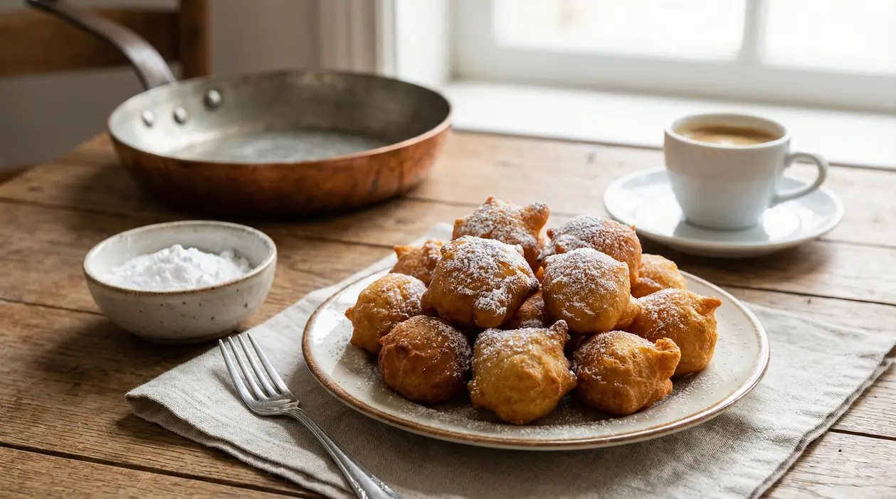Piatto di frittelle dorate con zucchero a velo su tavolo di legno, con tazzina di caffè e padella sullo sfondo