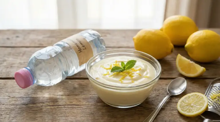 Ciotola di crema al limone con scorza e menta su tavolo, con limoni, cucchiaio, grattugia e bottiglia riciclata