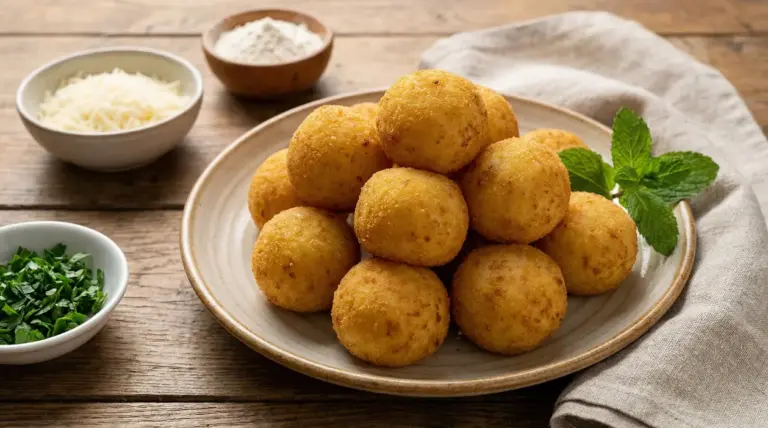 Polpette di patate dorate e croccanti servite su un piatto, con foglie di menta e ciotoline di ingredienti