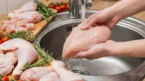 Persona lava un petto di pollo crudo sotto l’acqua corrente nel lavello della cucina, con altri pezzi di pollo sul tagliere