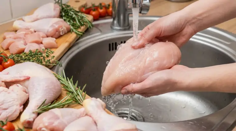 Persona lava un petto di pollo crudo sotto l’acqua corrente nel lavello della cucina, con altri pezzi di pollo sul tagliere