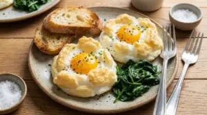 Uova alla Jova: due uova con albume montato e tuorlo al centro, con spinaci e pane tostato su un piatto