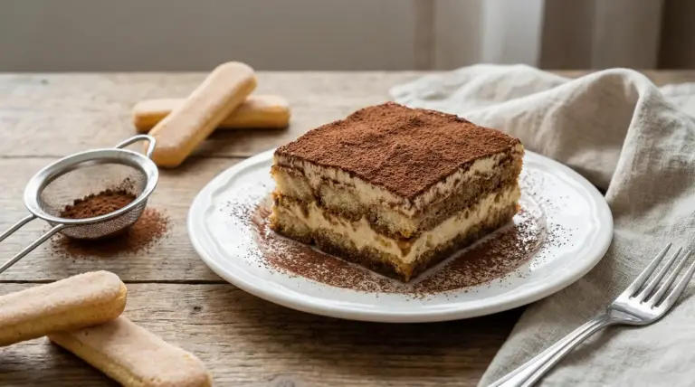 Fetta di tiramisù con cacao in polvere su piatto bianco, con savoiardi e colino su tavolo di legno