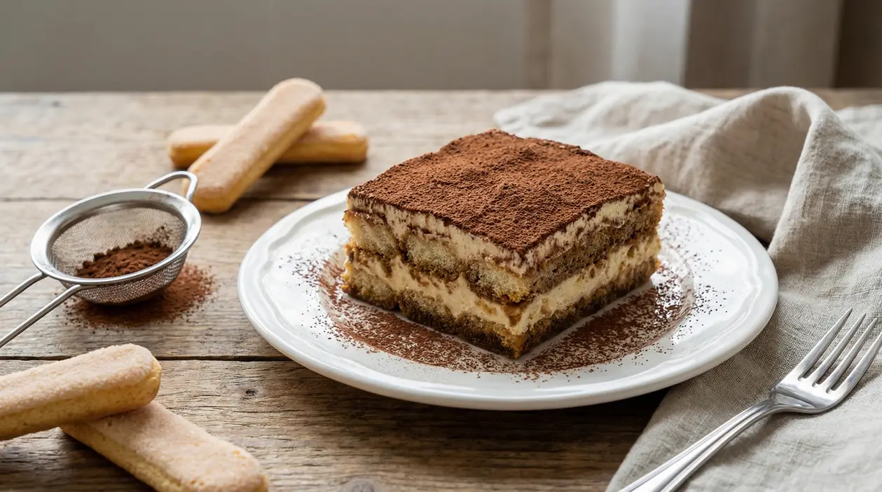Fetta di tiramisù con cacao in polvere su piatto bianco, con savoiardi e colino su tavolo di legno