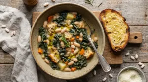 Ciotola di ribollita con cavolo nero, fagioli cannellini e crostini di pane su tavolo rustico