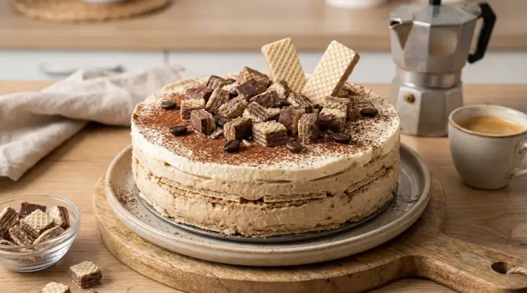 Torta fredda con strati di wafer e crema al caffè, decorata con cacao, pezzi di wafer e chicchi di caffè