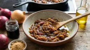 Cipolle caramellate in una ciotola con cucchiaio di legno, accanto a olio, zucchero e cipolle fresche