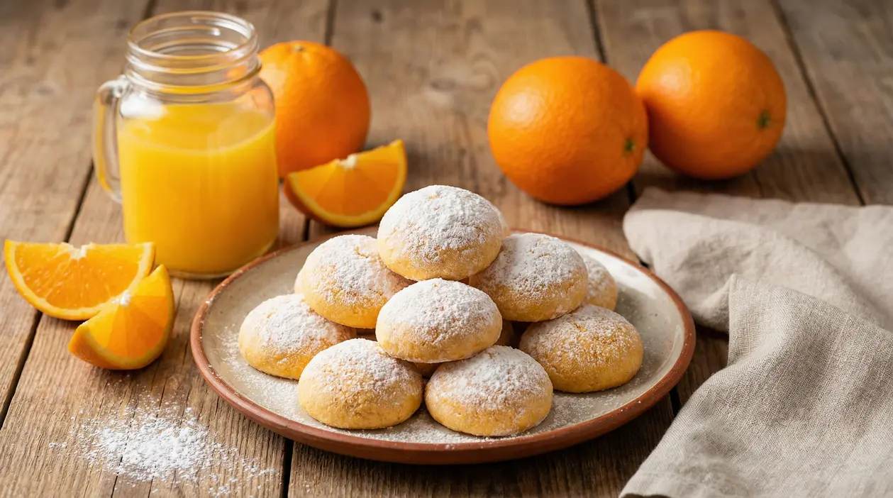 Biscotti morbidi all’arancia senza burro, spolverati di zucchero a velo, su piatto con arance e succo d’arancia