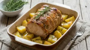 Arista di maiale al forno con patate arrosto e rosmarino in teglia, su tavolo di legno