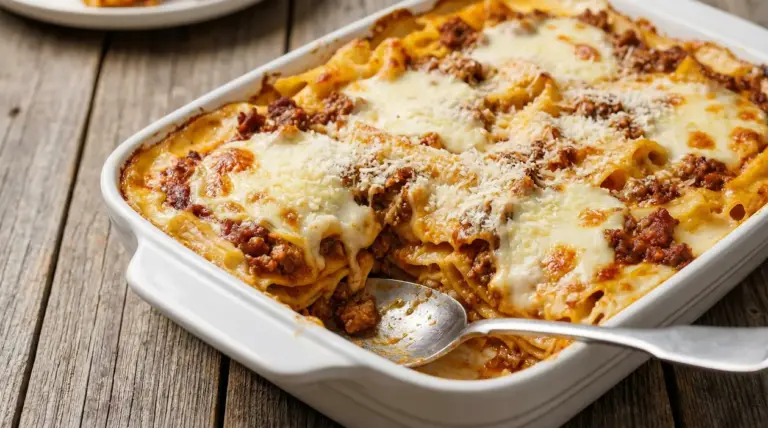 Pasta al forno con besciamella e ragù in teglia, gratinata con formaggio fuso e dorato