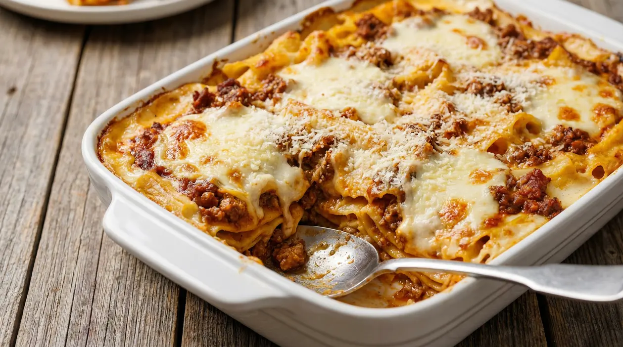 Pasta al forno con besciamella e ragù in teglia, gratinata con formaggio fuso e dorato
