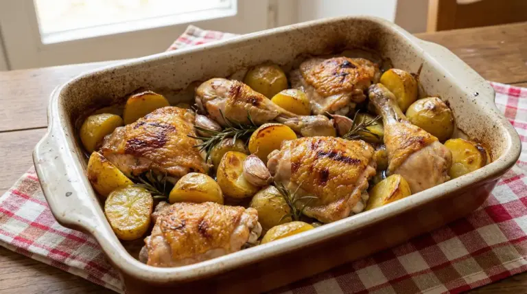 Pollo al forno con patate, rosmarino e spicchi d’aglio in una pirofila su tavolo di legno