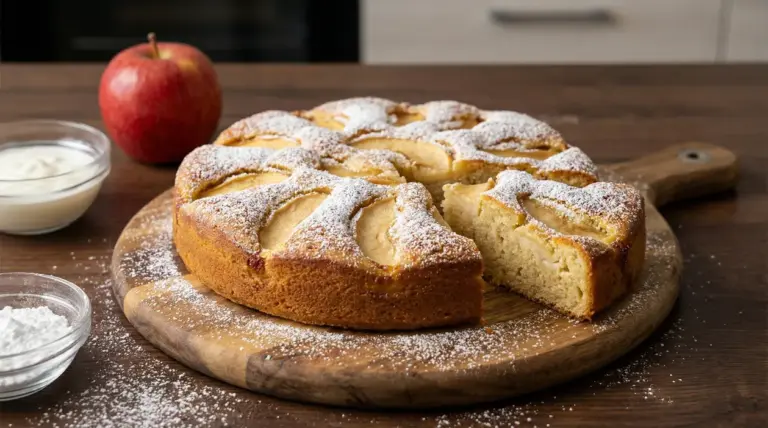 Torta di mele spolverata di zucchero a velo su tagliere, con una fetta tagliata e una mela sullo sfondo