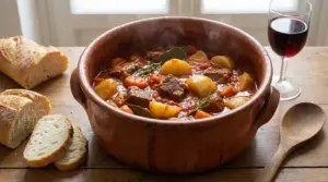 Spezzatino di manzo con patate e carote in pentola di coccio, servito con pane e un bicchiere di vino rosso