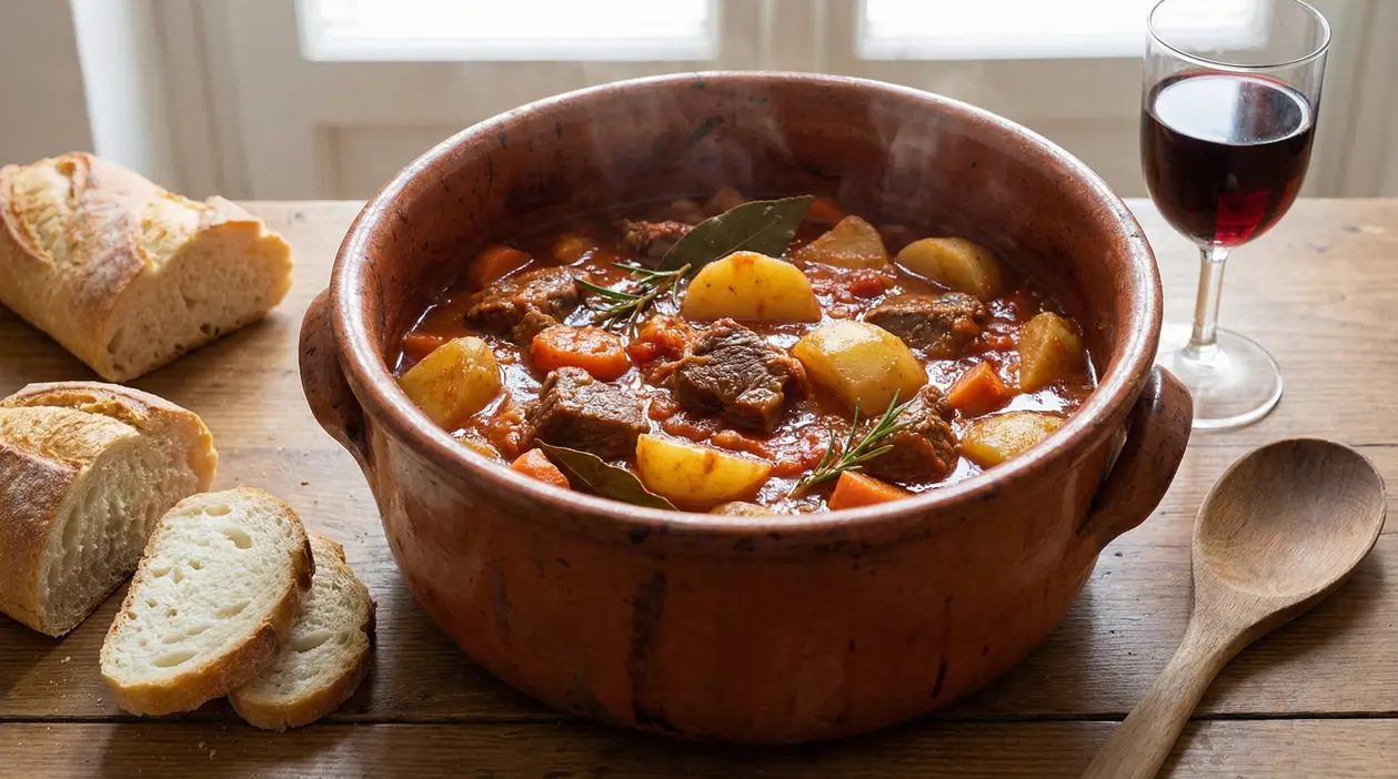 Spezzatino di manzo con patate e carote in pentola di coccio, servito con pane e un bicchiere di vino rosso