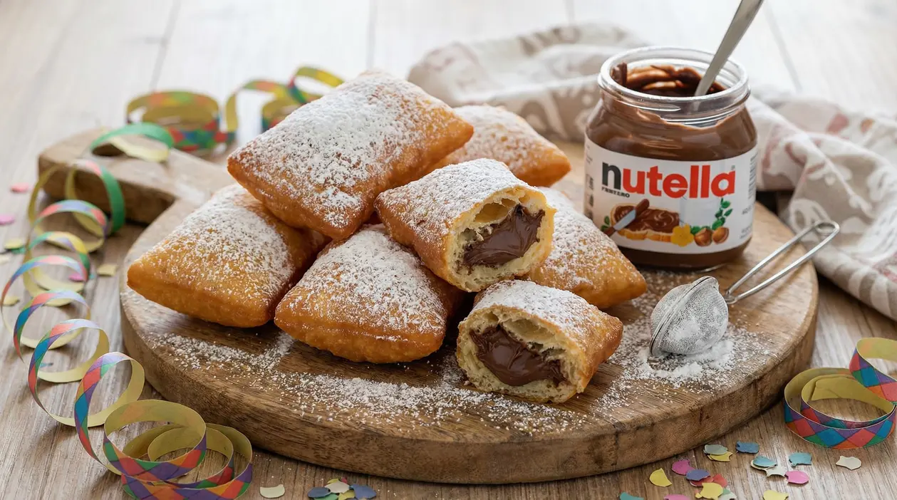 Bugie di Carnevale ripiene di Nutella, spolverate di zucchero a velo su tagliere con barattolo di crema al cacao