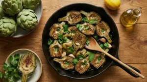 Padellata di carciofi alla romanesca in padella di ghisa con aglio e prezzemolo, su tavolo di legno