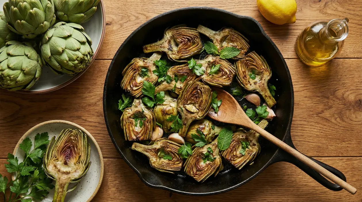 Padellata di carciofi alla romanesca in padella di ghisa con aglio e prezzemolo, su tavolo di legno