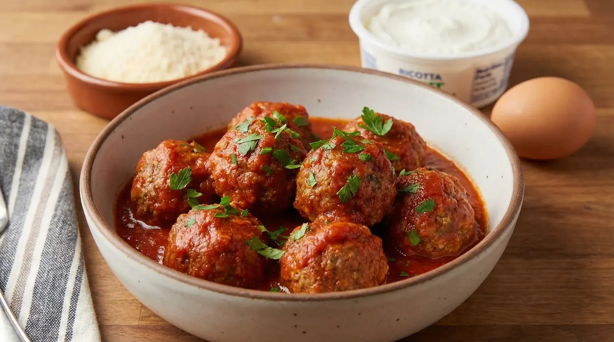 Polpette al sugo in una ciotola con prezzemolo, con ricotta, uovo e formaggio grattugiato sullo sfondo