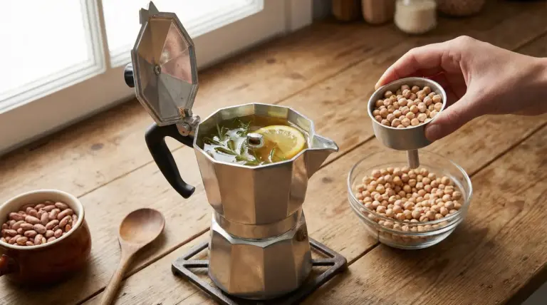 Caffettiera moka usata per infuso con limone ed erbe, con mano che versa ceci in una ciotola sul tavolo