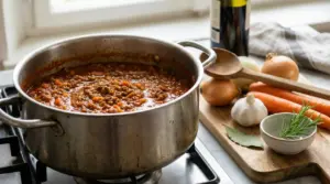 Pentola di ragù alla bolognese che cuoce sul fornello, con carote, cipolle, aglio ed erbe su tagliere
