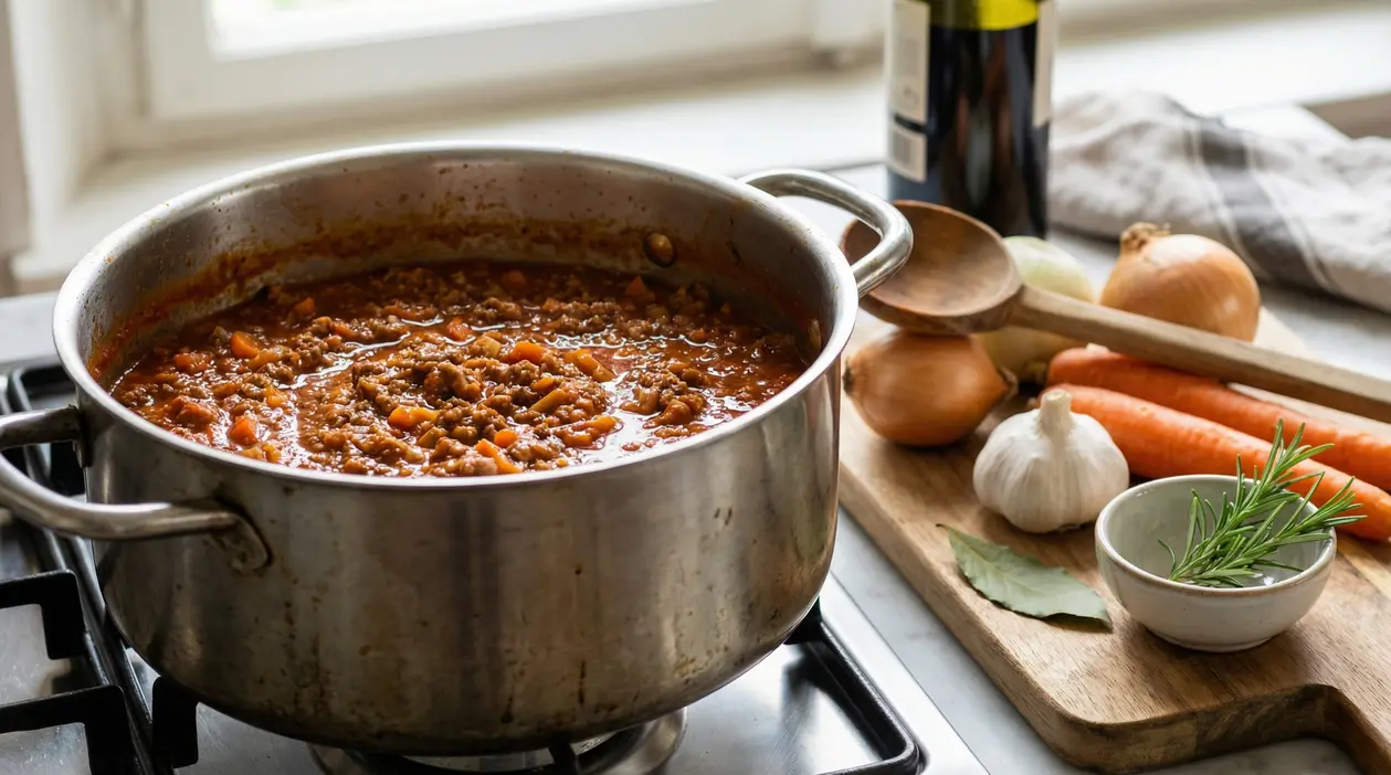 Pentola di ragù alla bolognese che cuoce sul fornello, con carote, cipolle, aglio ed erbe su tagliere