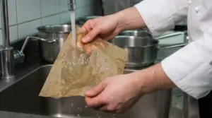 Persona in cucina che bagna un foglio di carta forno sotto l’acqua del rubinetto sopra un lavello in acciaio