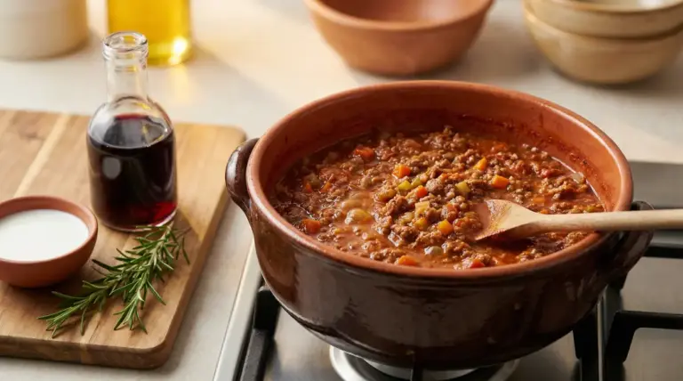 Ragù alla bolognese in pentola di coccio sul fornello con cucchiaio di legno, vino rosso e latte a lato