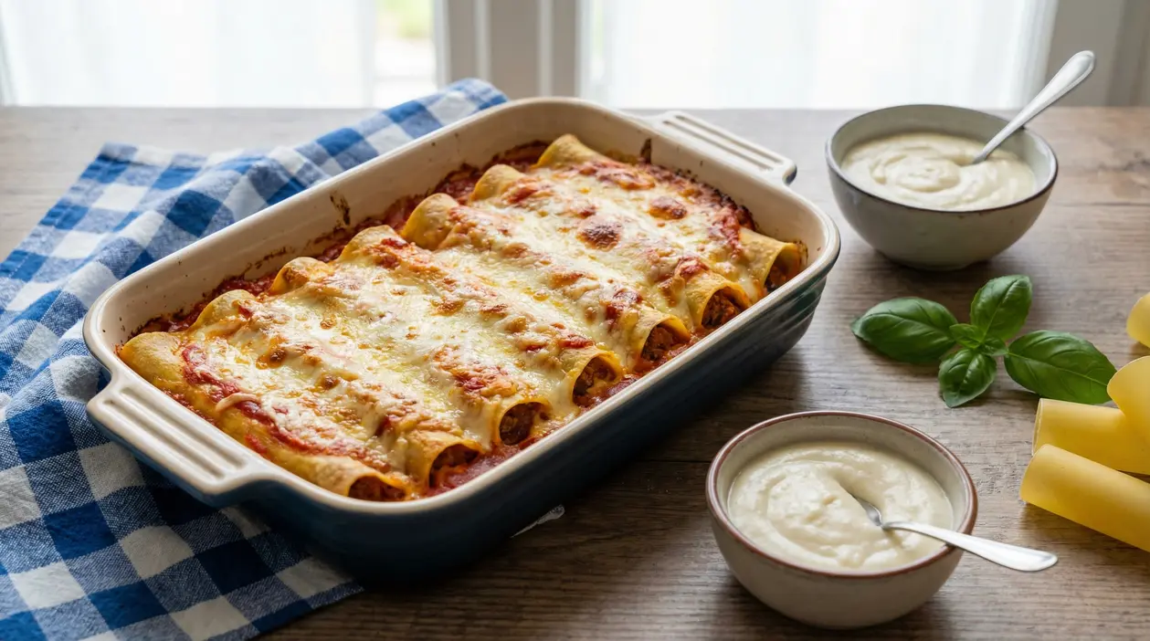 Teglia di cannelloni ripieni di carne al forno con besciamella e formaggio gratinato, accanto a ciotole di besciamella